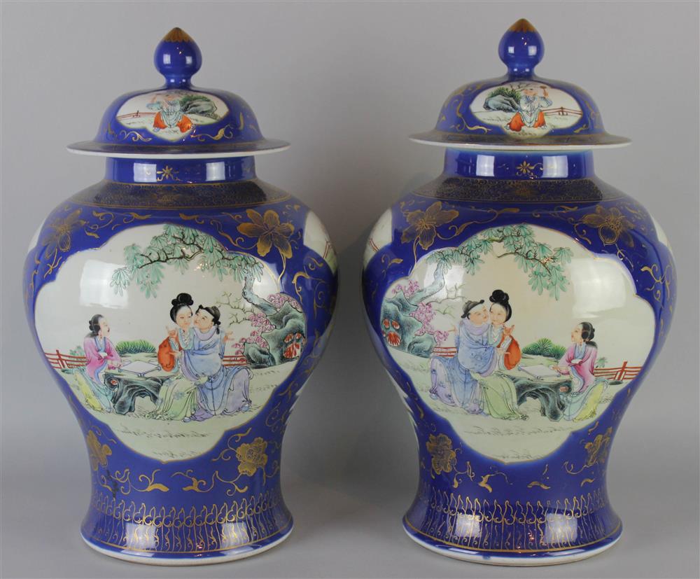 Appraisal: PAIR OF CHINESE FAMILLE ROSE DECORATED AND BLUE-GROUND JARS AND