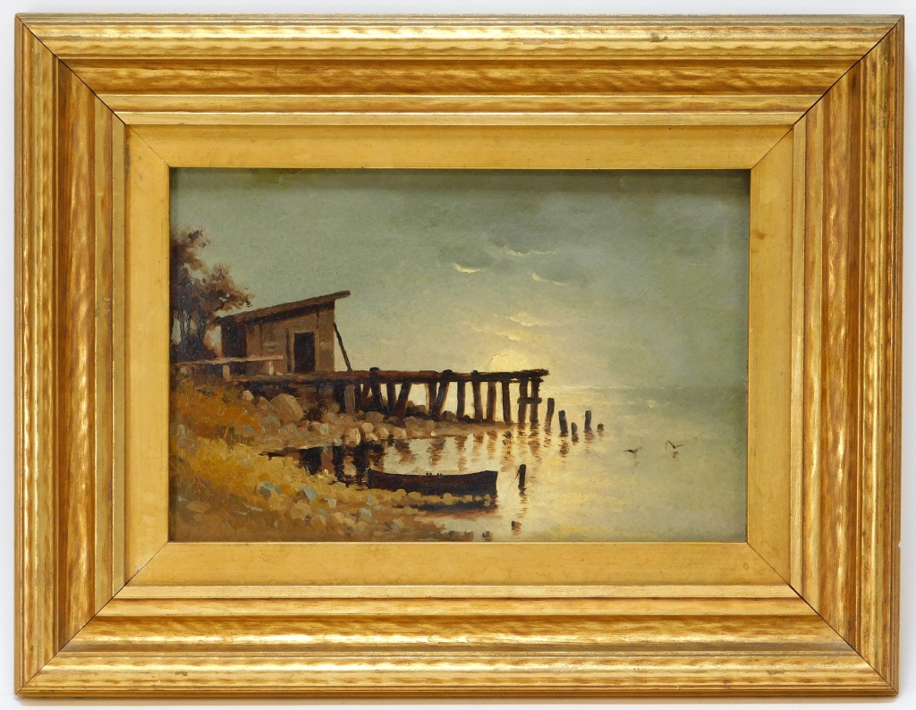 Appraisal: C AMERICAN COASTAL DOCK SUNSET PAINTING United States th CenturyImpressionist