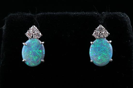 Appraisal: PAIR K WHITE GOLD BLACK OPAL AND DIAMOND EARRINGS Oval