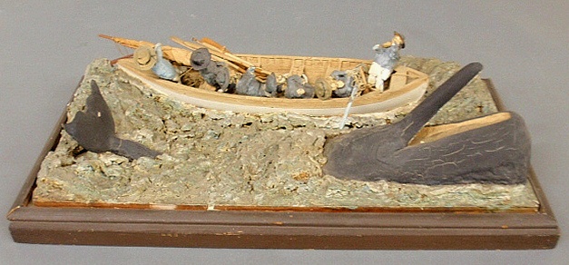 Appraisal: - Whaling diorama with men in a longboat with whale