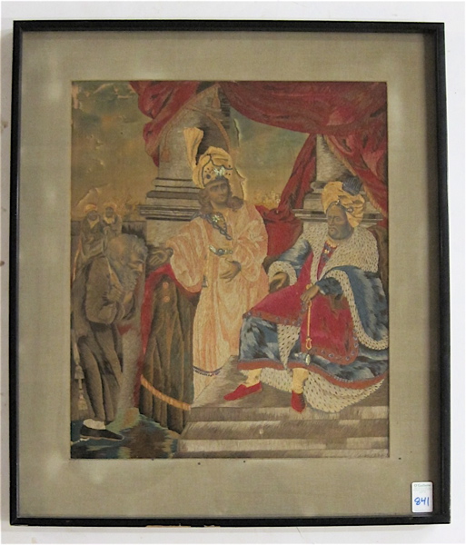 Appraisal: TH CENTURY EMBROIDERY a throne room scene with a man