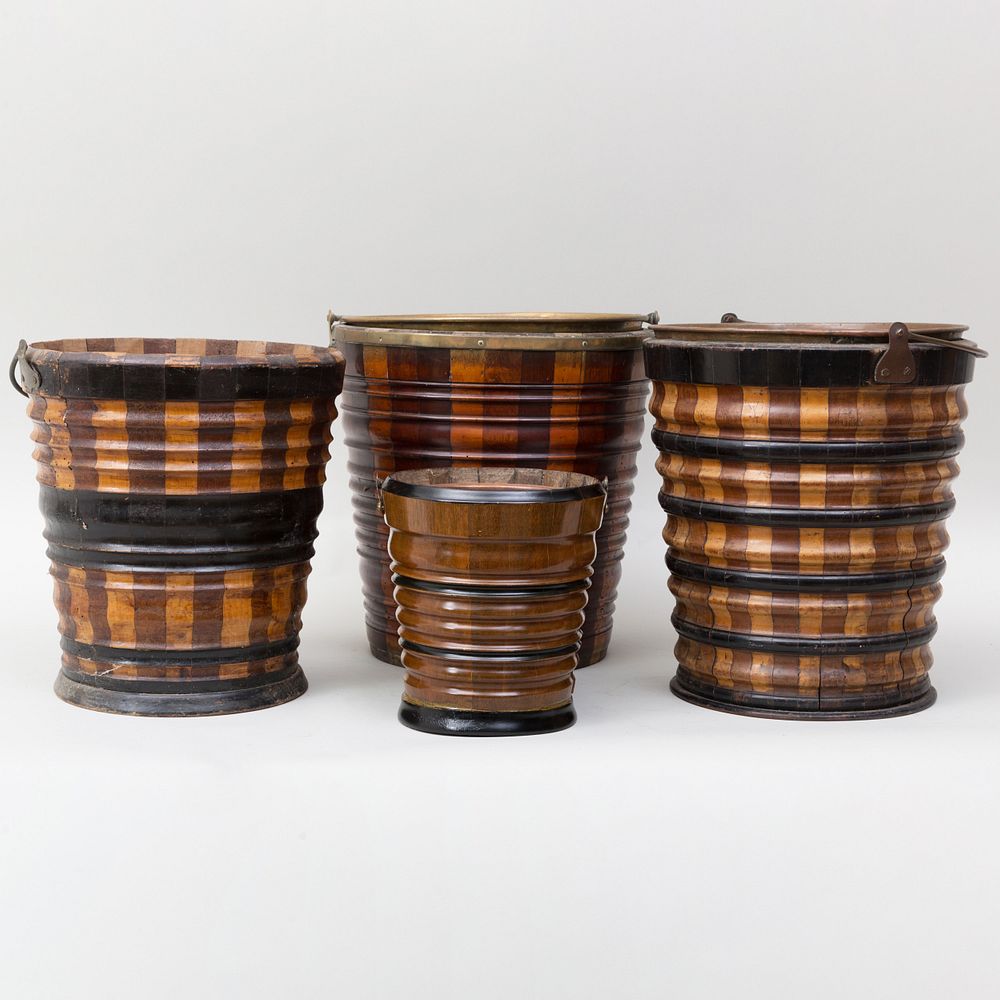 Appraisal: Four Dutch Ebonized and Mahogany and Fruitwood Peat Buckets With