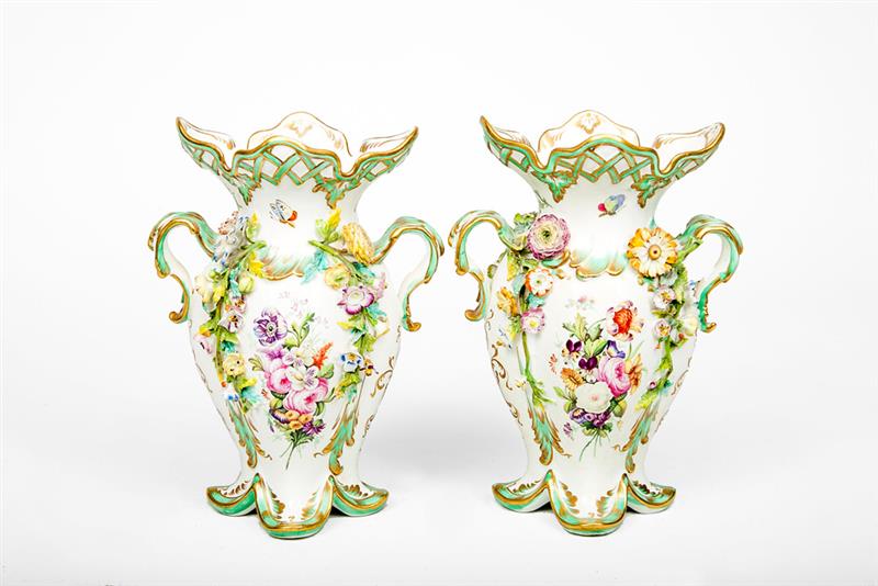 Appraisal: Pair of English Flower-Encrusted Porcelain Two-Handled Vases x in Property