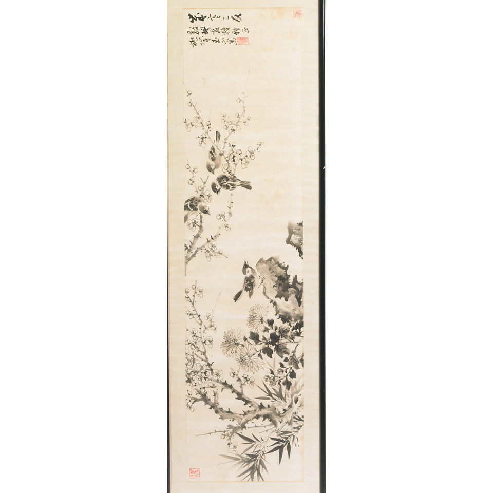 Appraisal: Chinese School TWO PAINTINGS The first depicting songbirds amongst a