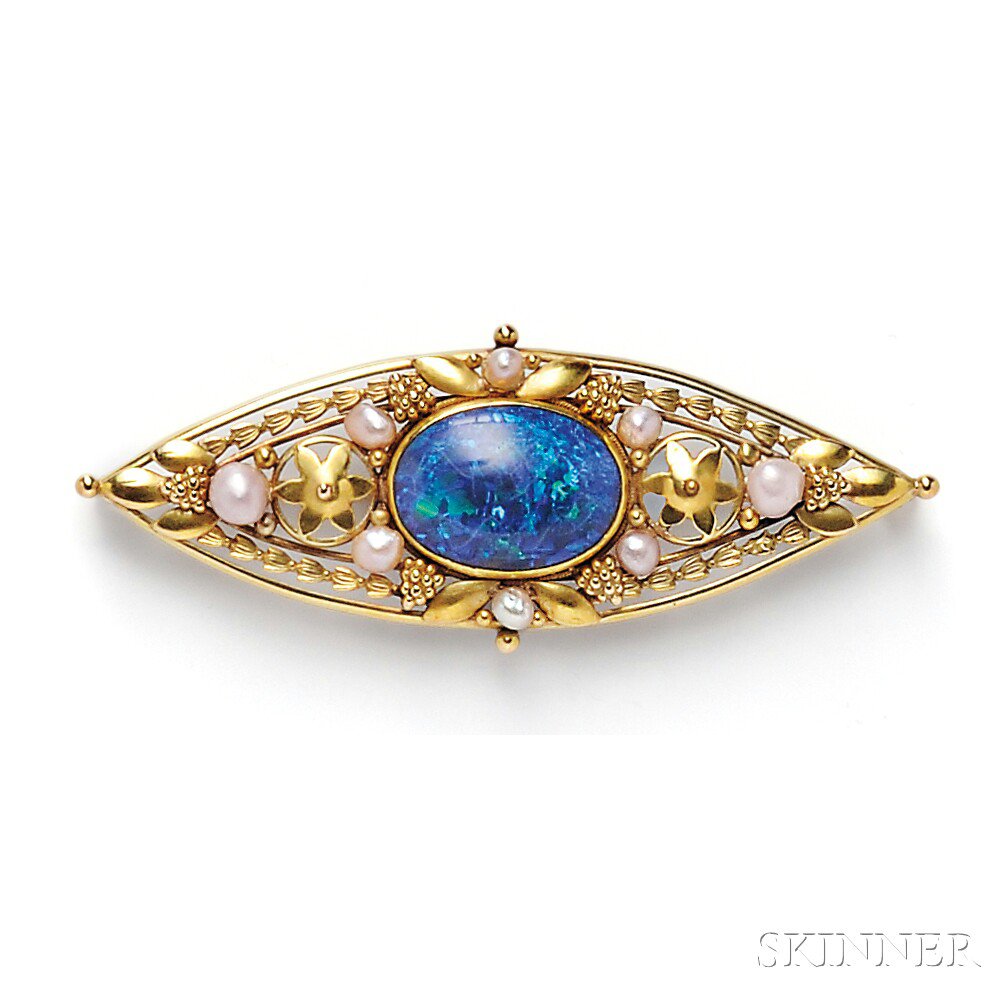 Appraisal: Art Nouveau kt Gold Opal and Pearl Brooch of navette-form