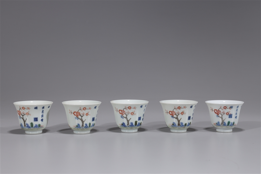 Appraisal: Set of five Chinese enameled porcelain wine cups landscape designs