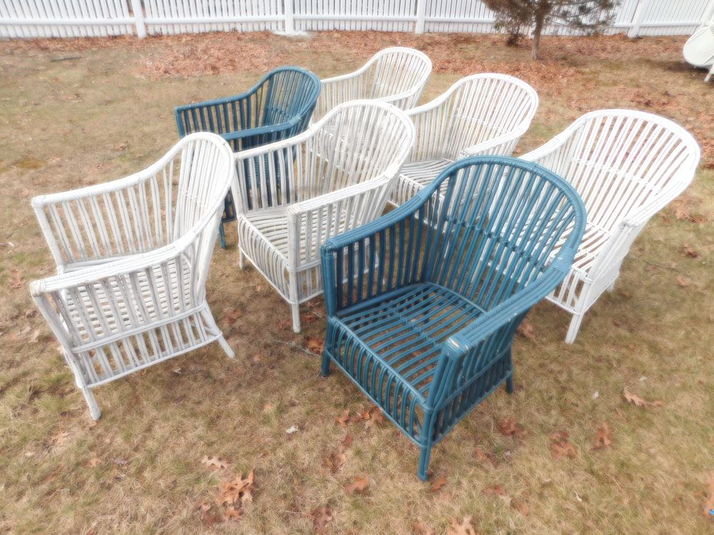 Appraisal: OLD RATTAN CHAIRS Lot of matching rattan chairs painted blue