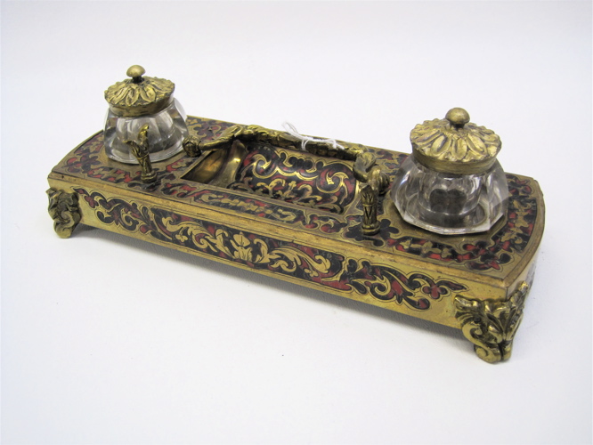 Appraisal: TH C BOULLE TORTOISE SHELL INKWELL brass and bronze inlay