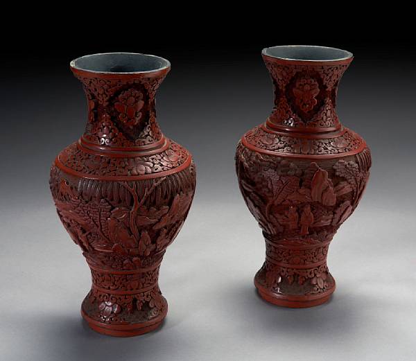 Appraisal: A pair of Chinese carved cinnabar lacquer vases Republican Period