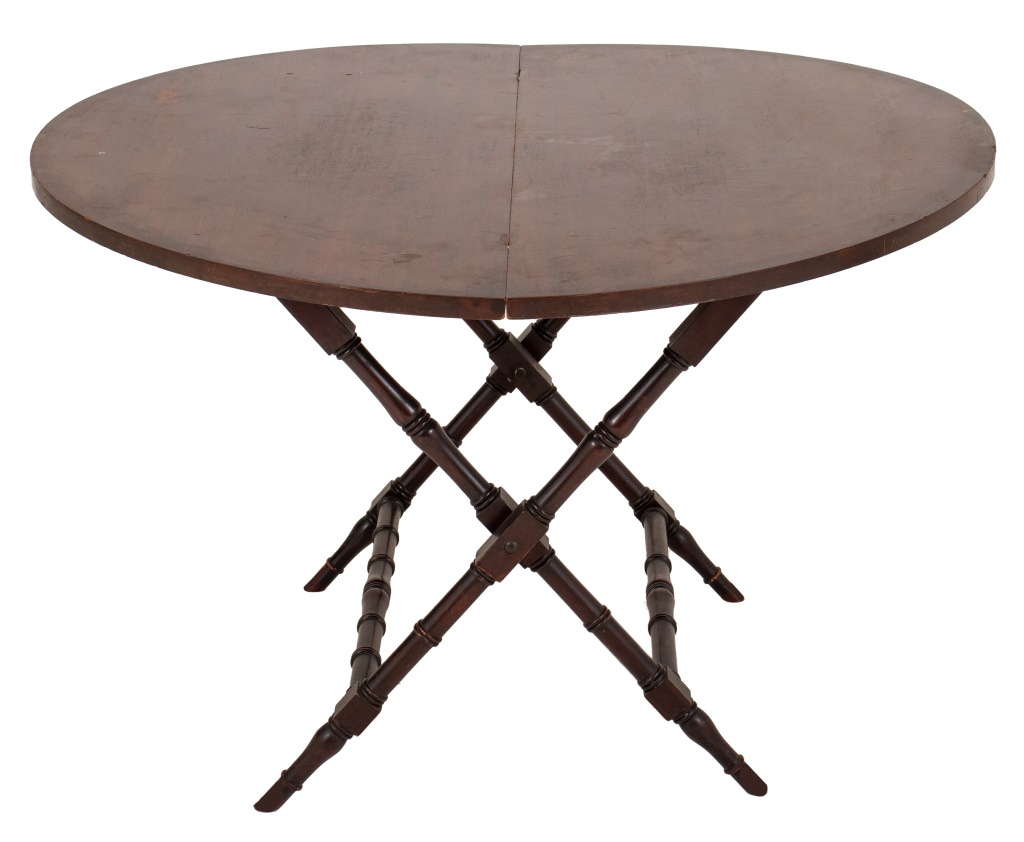 Appraisal: HARDWOOD ROUND FOLDING COACHING TABLE Antique hardwood round folding coaching