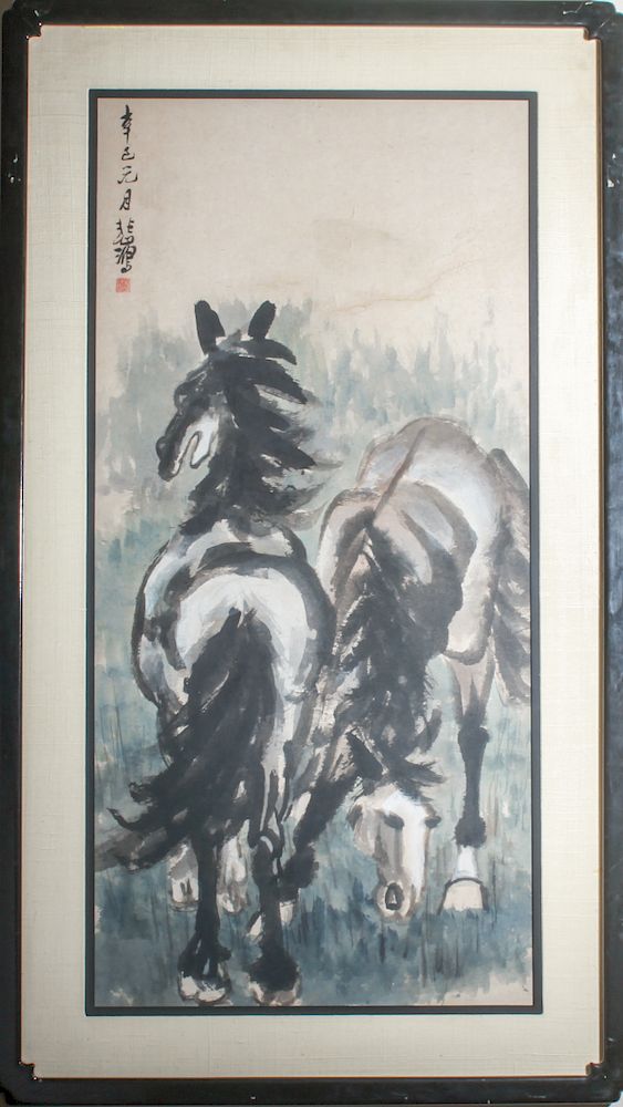 Appraisal: Xu Beihong Two Horses Ink Watercolor on Paper Xu Beihong