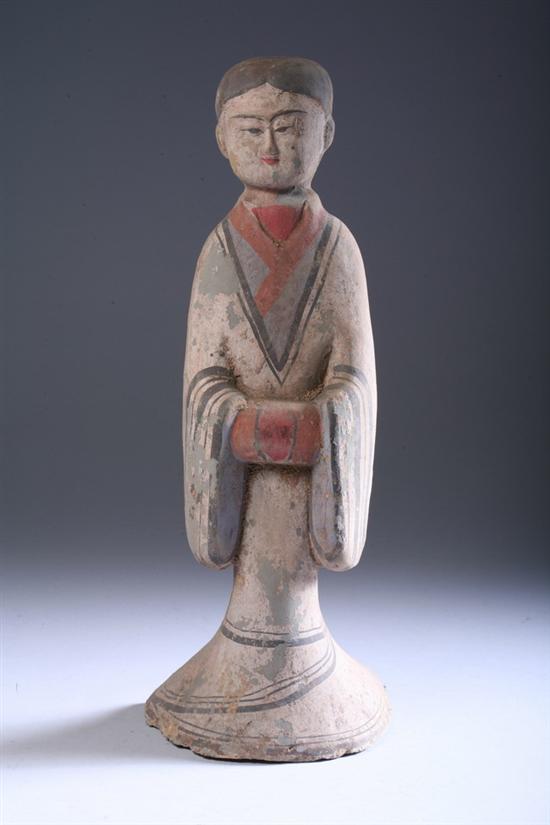 Appraisal: CHINESE POLYCHROME GREY POTTERY FIGURE OF ATTENDANT - in high