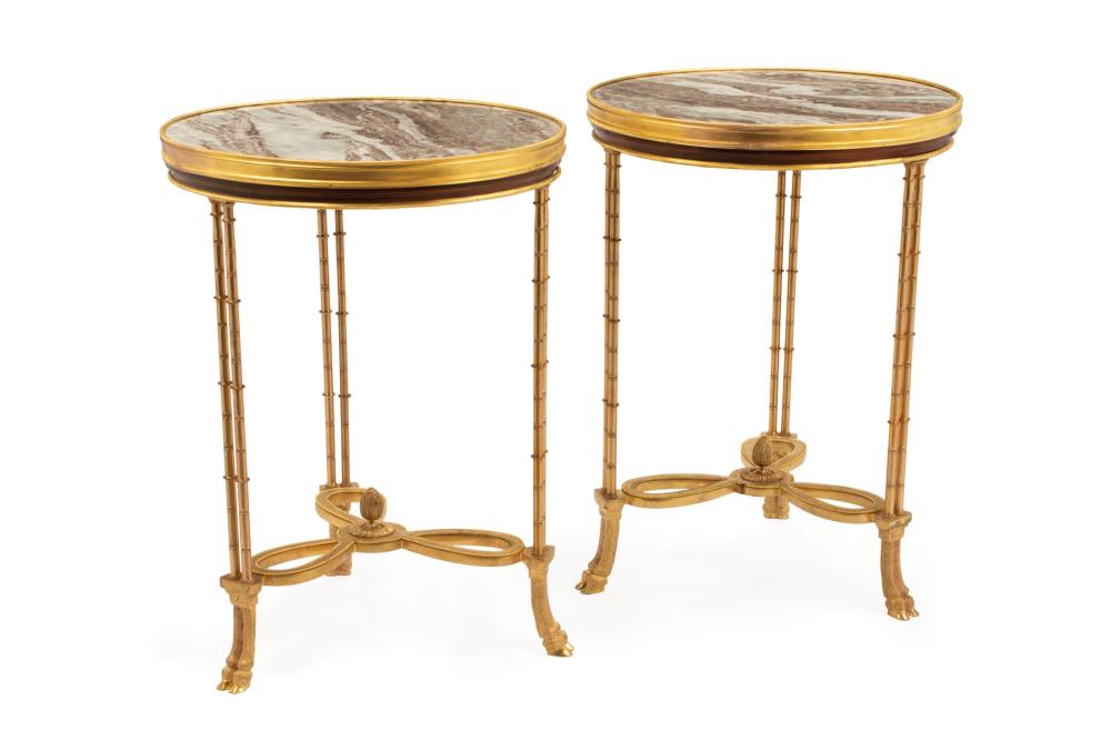 Appraisal: Pair of Neoclassical-Style Bronze-Mounted Gueridons inset marble tops bamboo-turned legs