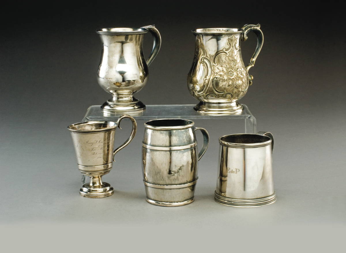 Appraisal: FOUR AMERICAN SILVER OR SILVERED-METAL CUPS AND MUGS NINETEENTH CENTURY