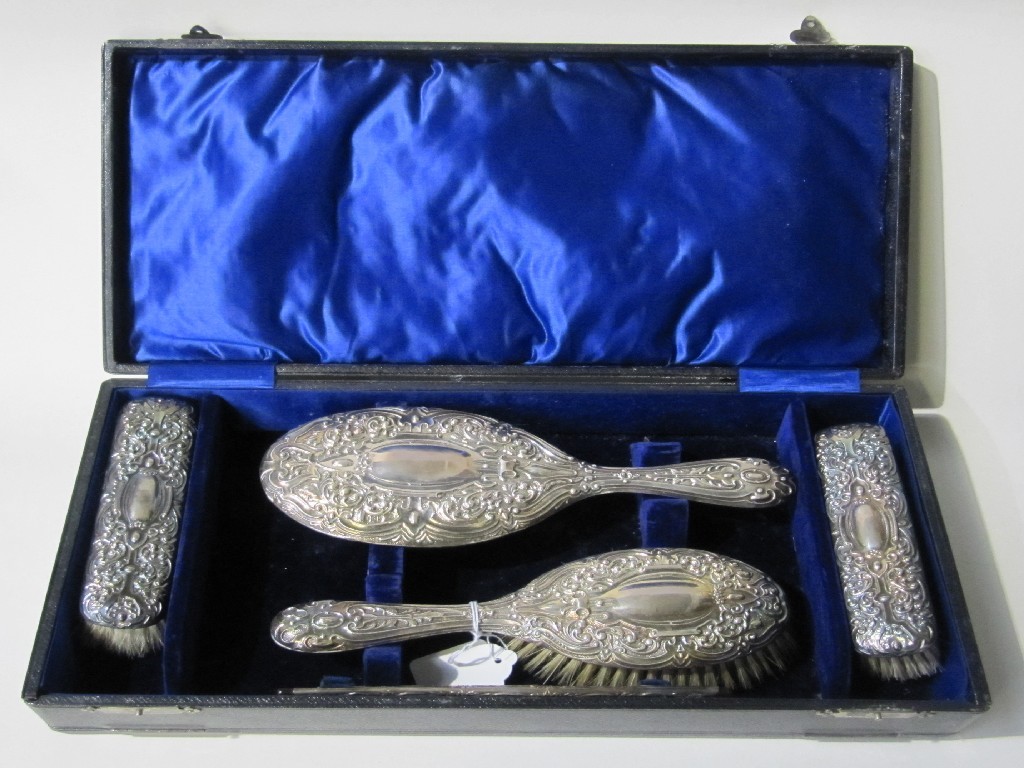 Appraisal: Cased piece silver backed dressing table set Birmingham