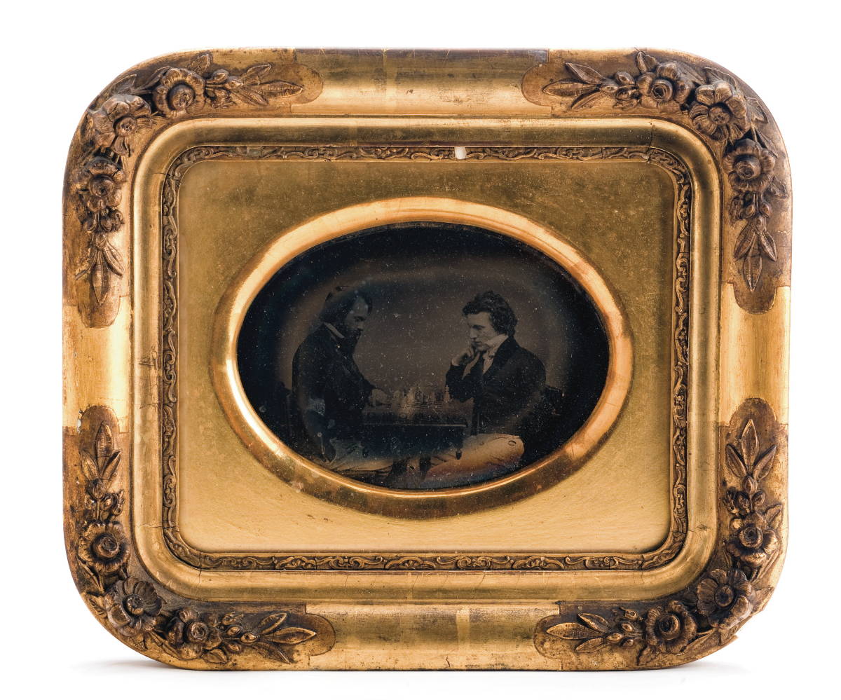 Appraisal: WHOLE PLATE DAGUERREOTYPE OF TWO MEN PLAYING CHESS In a