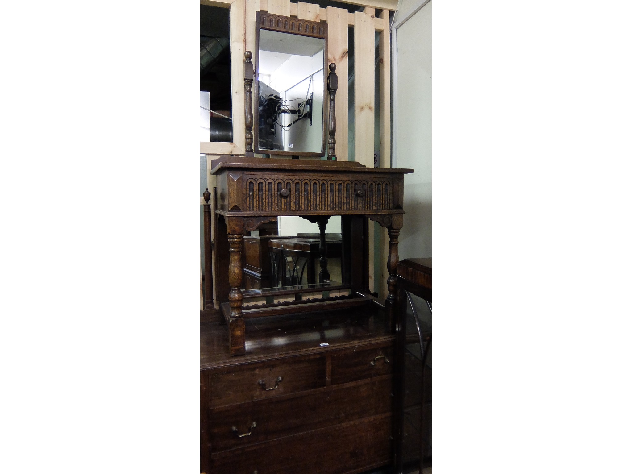 Appraisal: Edwardian mahogany dressing chest with an oak dressing table