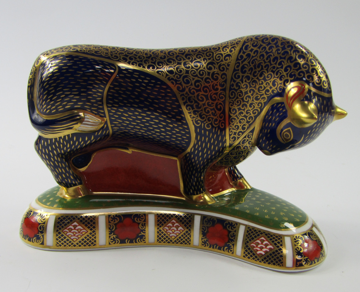 Appraisal: A Royal Crown Derby Imari paperweight modelled as the Bull