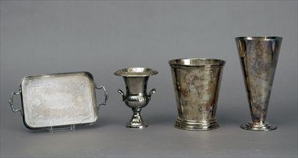 Appraisal: Four Silverplate Articles Including three vases and a small galleried