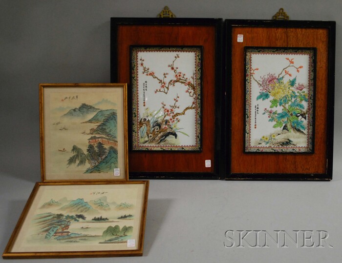 Appraisal: Four Framed Asian Items two enameled floral-decorated porcelain plaques and