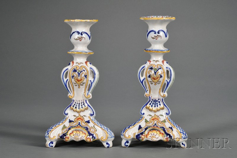 Appraisal: Pair of French Faience Candlesticks France th century rococo-style with