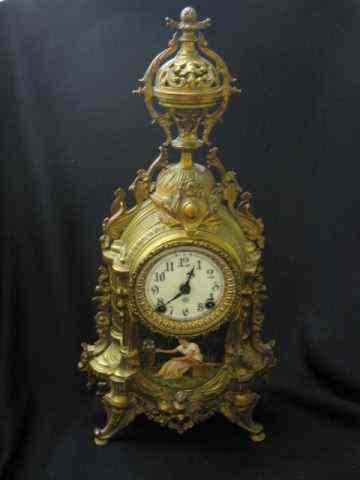 Appraisal: Ansonia Bronzed Mantle Clockwith painting on porcelain of maiden in