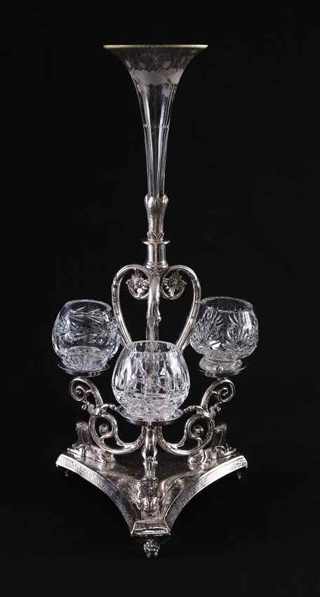 Appraisal: HENRY HOBSON SONS ENGLISH SILVERPLATE EPERGNE Etched glass center bud