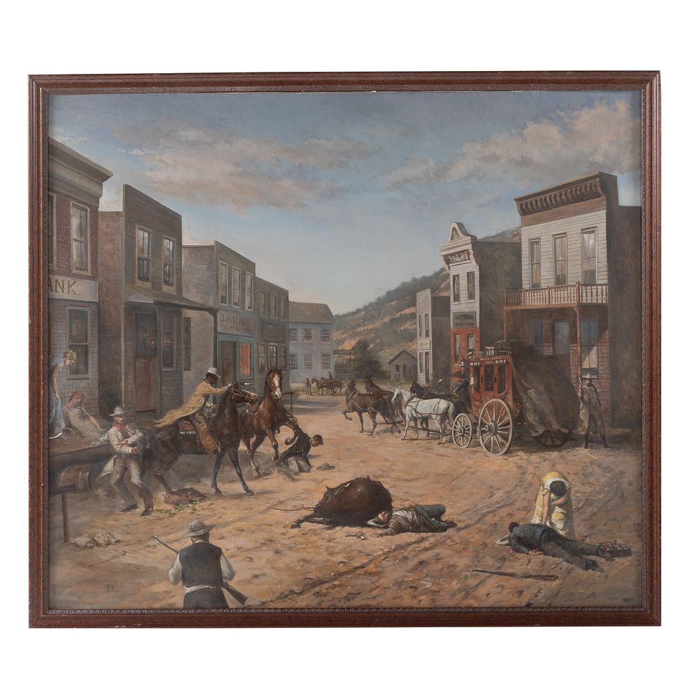 Appraisal: Nathaniel K Gibbs Old West Bank Robbery Oil American -