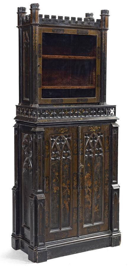 Appraisal: VICTORIAN JAPANNED GOTHIC REVIVAL DISPLAY CABINET CIRCA the castellated top