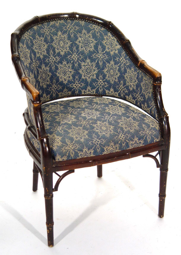 Appraisal: Mahogany framed simulated bamboo tub chair with blue upholstery