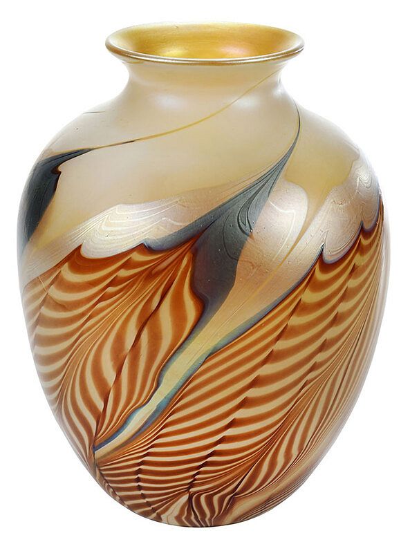 Appraisal: Large Iridescent Pulled Feather Art Glass Vase American th century