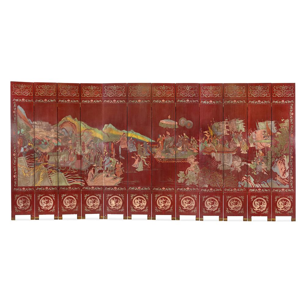 Appraisal: A Twelve-Panel Red Lacquered Coromandel Floor Screen Height of each