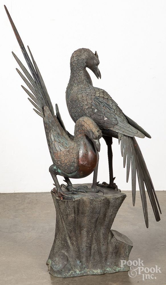 Appraisal: Bronze garden sculpture of two birds early th Bronze garden