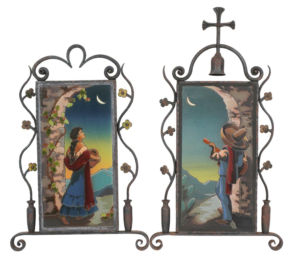 Appraisal: PAIR OF BUSCHERE SON IRON FRAMED TILESdepicting a woman gazing