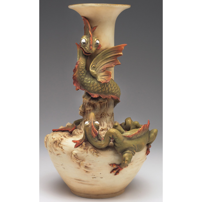 Appraisal: Royal Dux vase large form with sculpted and applied dragon