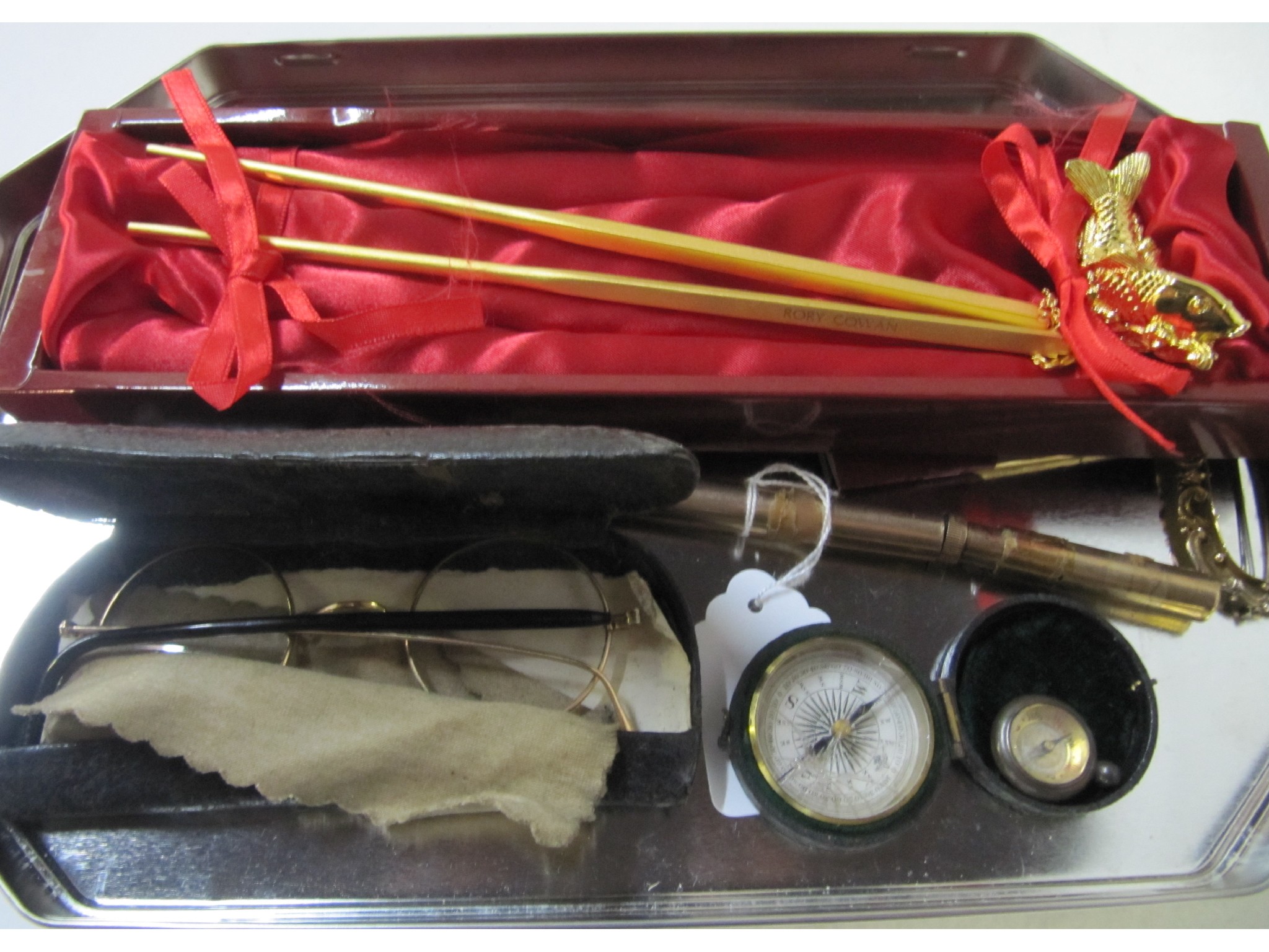 Appraisal: A lot of miscellania - two compasses gold plated chopsticks