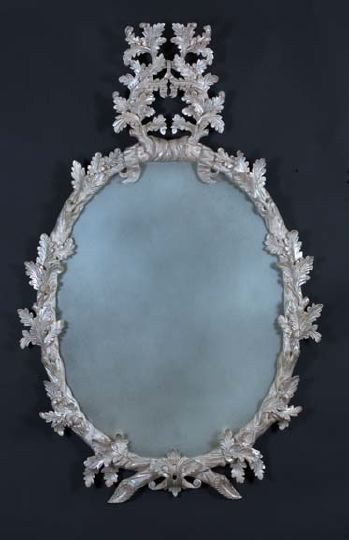 Appraisal: Large English Carved White-Pickled and Lightly Parcel-Gilt Wood Looking Glass