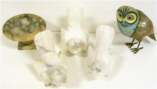 Appraisal: Painted metal owl three Italian marble birds and a miniature