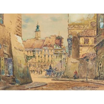 Appraisal: TWO STREET SCENES th C Watercolor with ink and charcoal