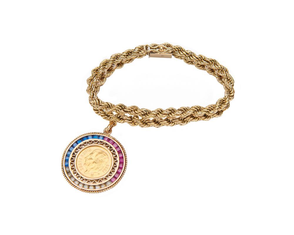 Appraisal: K Gold Bracelet with a Gold Coin and Gemset Charm