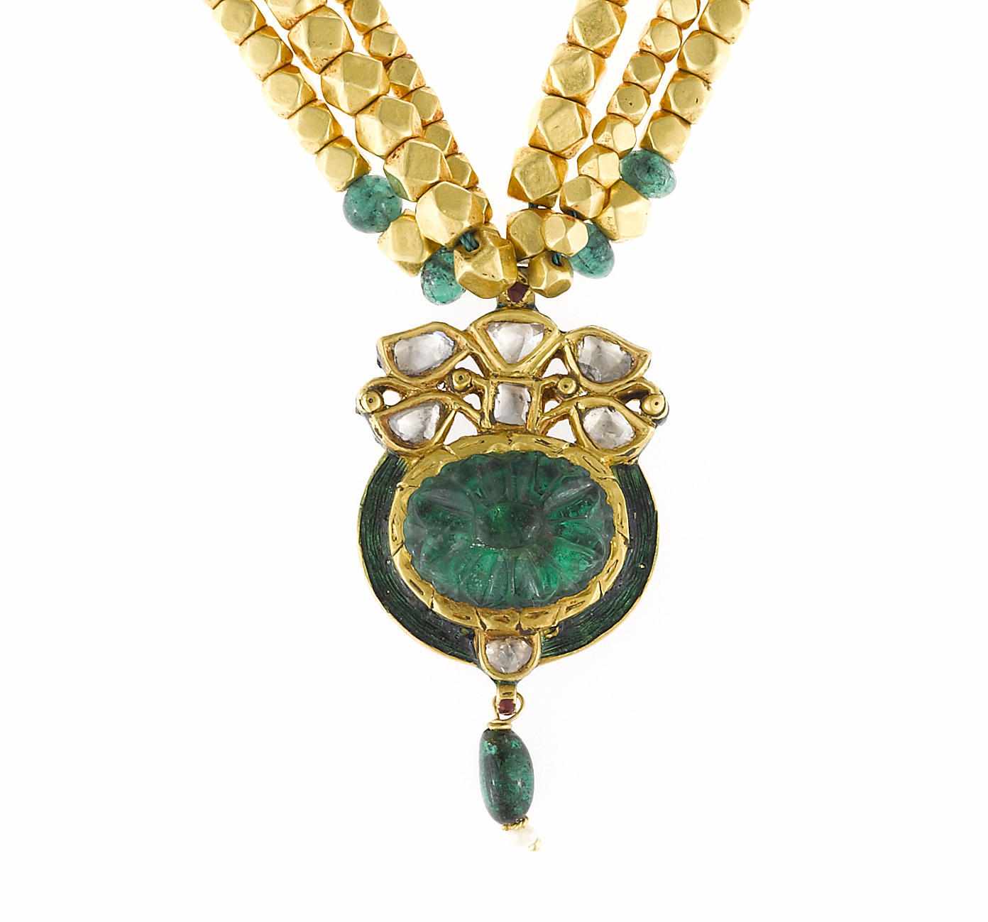 Appraisal: An emerald diamond enamel and seed pearl three-strand pendant necklace