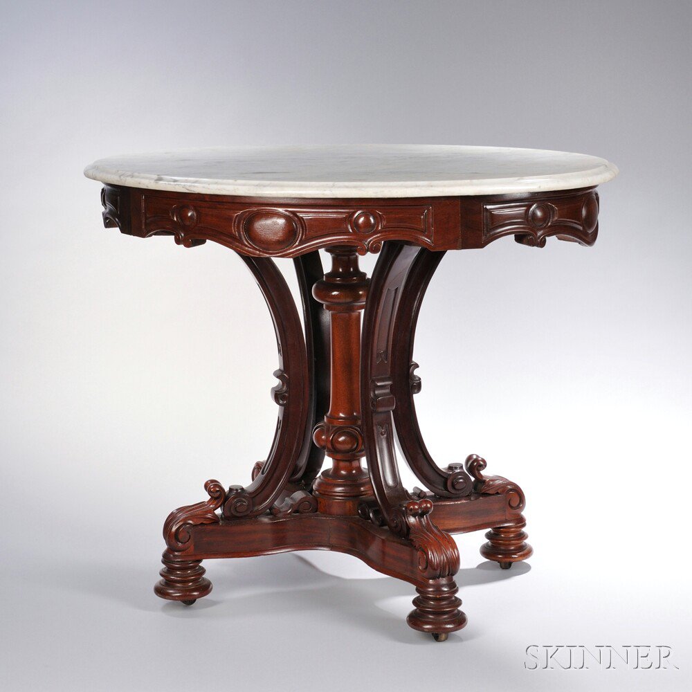 Appraisal: Victorian Mahogany and Mahogany Veneer Marble-top Table possibly Thomas Brooks