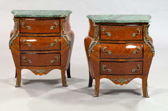 Appraisal: Pair of Louis XV-Style Kingwood and Marble-Top Bedside Bombe Commodes