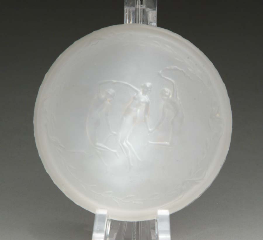 Appraisal: LALIQUE BOX Beautiful Lalique box has three dancing nudes on