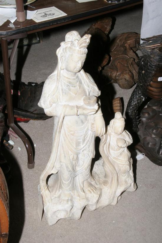 Appraisal: CHINESE MARBLE FIGURE GROUP OF GUANYIN Carved to depict Guanyin