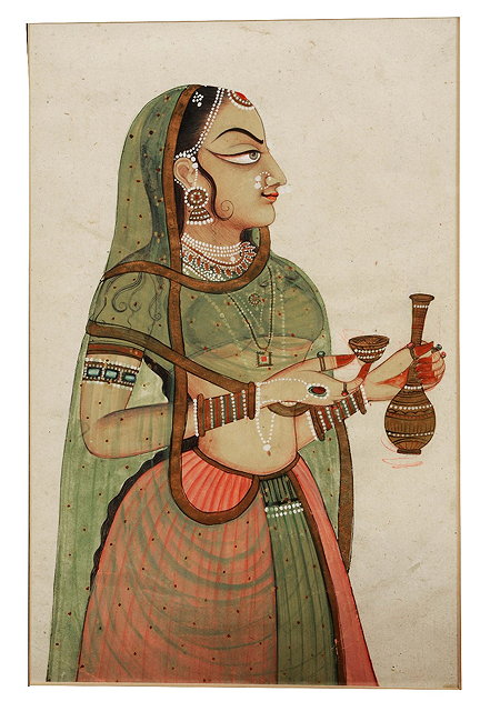 Appraisal: AN INDIAN GOUACHE STUDY OF A DANCER holding a cup