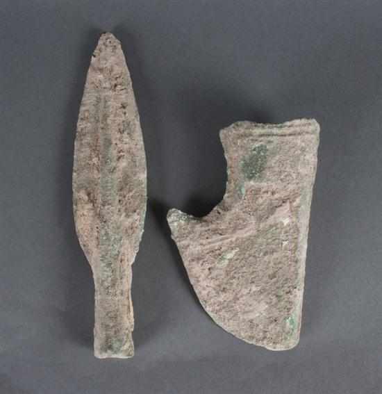 Appraisal: Ancient bronze axe head and spearhead probably Near Eastern origin