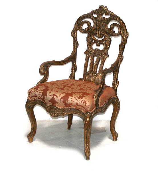 Appraisal: A Venetian Rococo style giltwood armchair height in width in