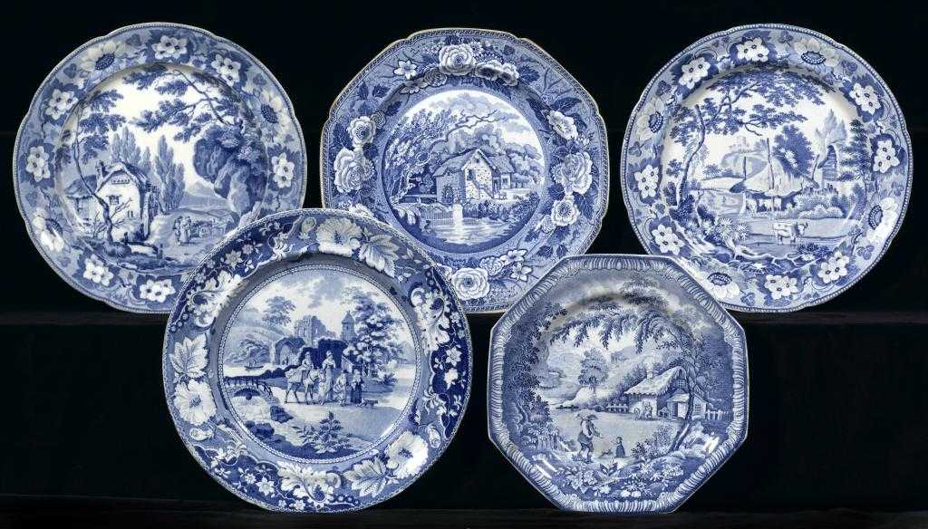 Appraisal: FIVE BLUE PRINTED EARTHENWARE PLATES Brameld Pheasant Davenport Rustic Scenes