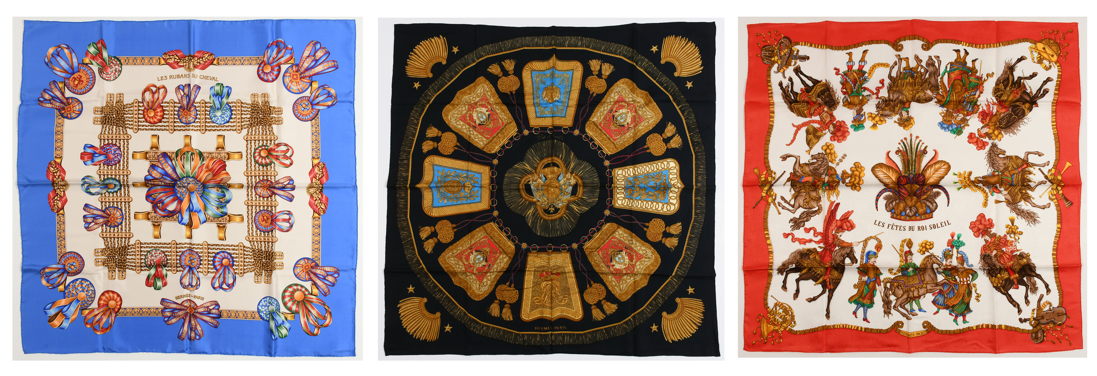 Appraisal: HERMES SILK SCARVES Measures '' square Poste et Cavalerie Post